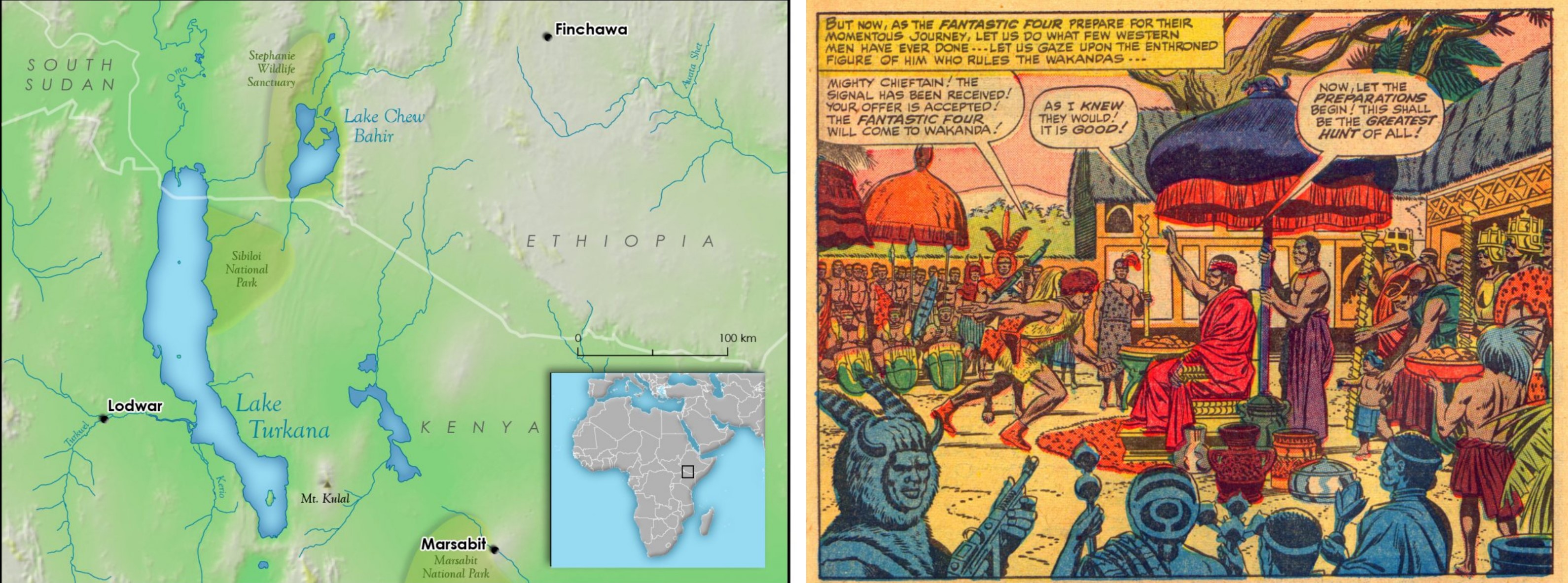 On the left, the location of the actual Lake Turkana. On the right, a depiction of the fictional land of Wakanda.