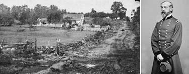 His portrait and a photograph of his Gettysburg headquarters are shown here.