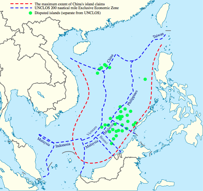 UNCLOS-mandated Exclusive Economic Zones overlaid against the nine-dash line.