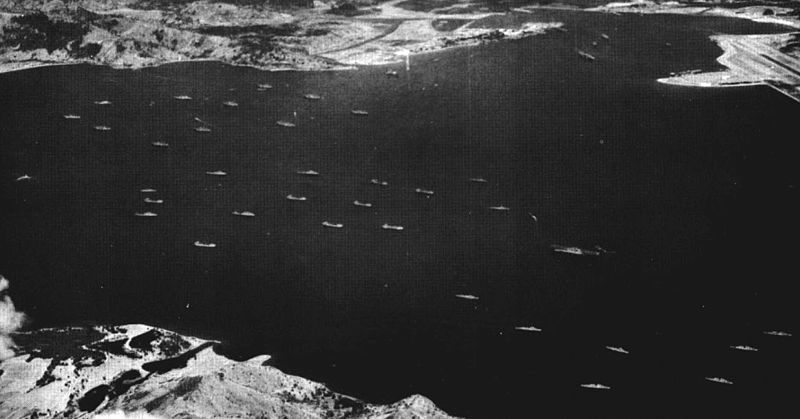 Aerial view of U.S. warships in Subic Bay, 1950s.