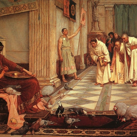 The Favorites of Emperor Honorius by John William Waterhouse depicts the emperor's court in the 5th century CE. 