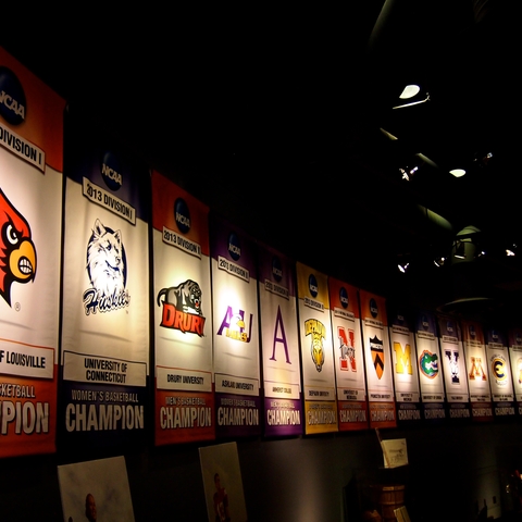 NCAA Basketball championship banners.
